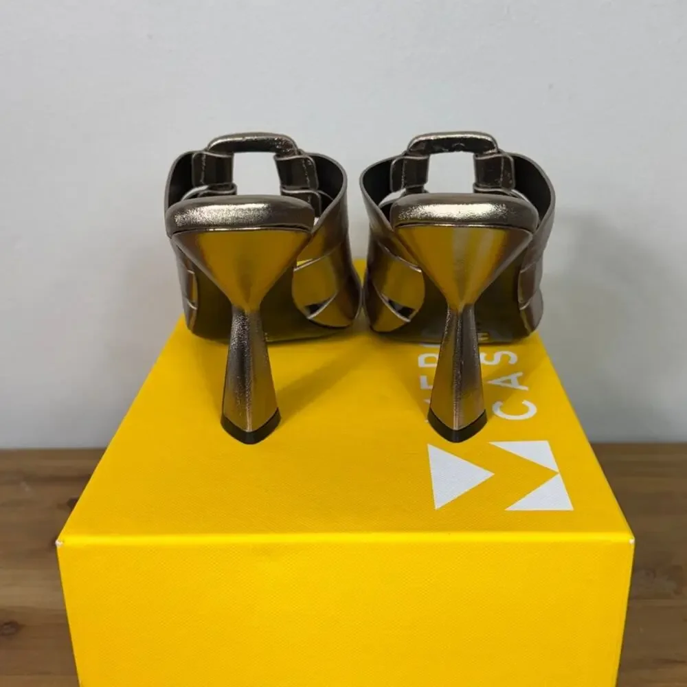 Mercedes Castillo Aria High-Heel Slide Sandals, Tungsten Metallic Leather Size 8